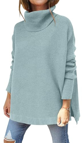 Hormtaer tröja damer vinter polotröja varm överdimensionerad stickad tröja polotröja stickad tröja grovstickad tröja sport sweatshirt casual lösa långärmade toppar, Ljusblå, M