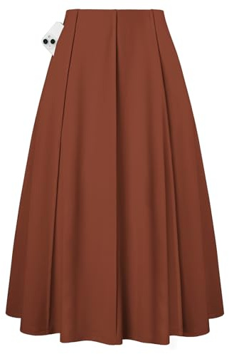 Kate Kasin Women's Long Brown Pleated Midi Skirt Fall Winter 2026 High Waisted Knee Length Flowy A Line Skirts with Pockets