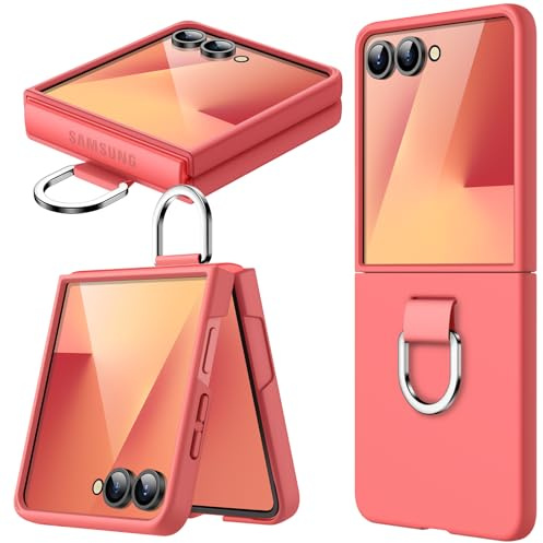 JETech Funda para Samsung Galaxy Z Flip 7 2025 con Anillo, Carcasa Protectora Anti-Arañazos Antigolpes Slim PC Dura (Rojo Coral)