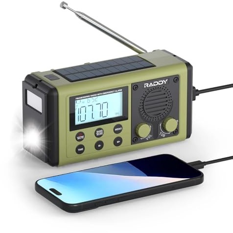 Raddy SH-908 Radio de manivela IPX6, Radio de Emergencia Am/FM/SW con Carga Solar y USB, Linterna/Lámpara de Lectura, SOS, Brújula, Cargador de teléfono para Camping y Cortes de luz 10 000 mAh