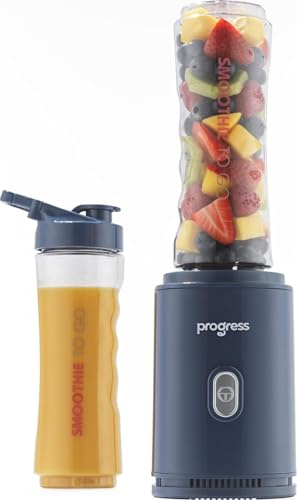 Progress Smoothie To Go Blender - Stainless Steel Blade, 500W Power, 2 x 600ml BPA-Free Bottles with Easy-Drink Lids, Non-Slip Base, One-Touch Operation, Smoothie-Maker, Food Processor, Sports Bottle