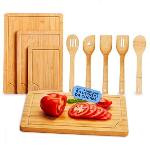 Avilia Set Taglieri in Bambù 3 Formati con 5 Utensili Cucina Legno – Tagliere Legno Grande, Medio e Piccolo Antibatterici per Taglio e Preparazione – Kit Completo Idea Regalo Cucina
