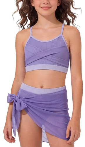SEAUR Maillot de Bain Rembourré Ado Enfant Fille Haut Twist avec Bas et Cache Maillot Ensemble Bikini Trois Pièces à Bretelles Réglables pour 9-16 Ans