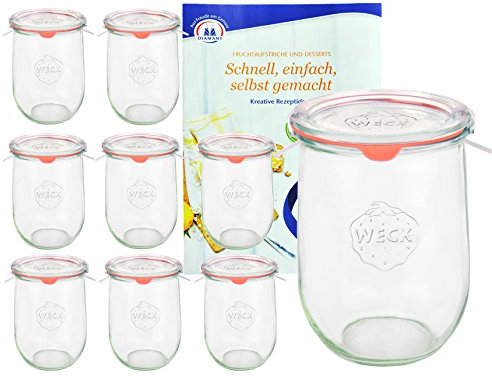 MamboCat 9er Set Weckgläser 1062 ml Tulpenform mit Deckel Einkochring Klammern I Original Weck Tulpenglas I Einweckgläser für Obst Gemüse UVM I inkl. Diamant-Zucker Gelierzauber Rezeptheft