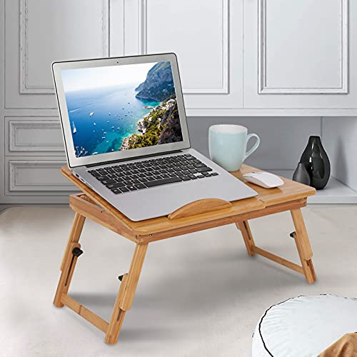 Hopfällbart Laptopbord med Bambulåda, Justerbart Sängbord, Datorfack, Stil B