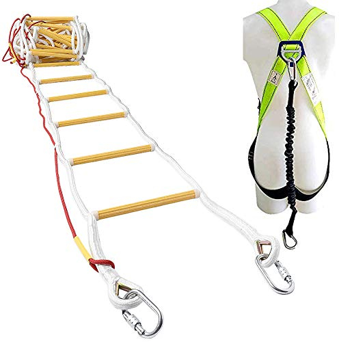 ISOP Escalera de Emergencia contra Incendios 3 Pisos Casas - única Resistente a Las Llamas de 10 Metros con Mosquetones | Escalera de Cuerda 10m con Cable de Seguridad y Arnés