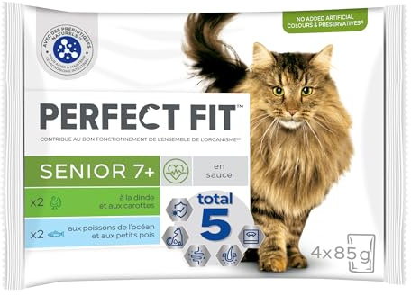 PERFECT FIT Repas pour Chat Senior 7+ Stérilisé - 52 Sachets Fraîcheur (Lot de 13 Packs de 4x85g) - Pâtée pour Chat en Sauce à la Dinde / aux Poissons blancs - Nourriture Equilibrée pour un Coeur Sain
