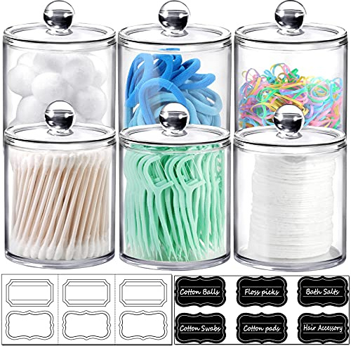 SheeChung 6-Pack Clear Acrylic Apothecary Jars with Labels - (3) 10oz & (3) 12oz Qtip Holder Set - Shatterproof Bathroom Vanity Organizer for Cotton Swabs, Balls, Pads - Minimalist Decor