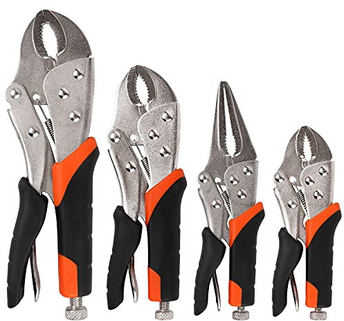 BRIMIX 4 pc Juego de alicates de mordaza, tenazas de sujeción grip de liberación rapida, pinzas de bloqueo. Mandibula curvada de 5, 7 y 10, mandibula recta de 6.5