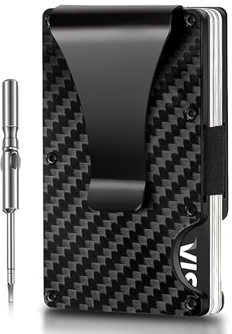 Vebel Credit Card Holder - Carbon Fiber NFC RFID Blocking Wallet Metal with Front Pocket Money Clip Super Slim Case Holders Small Screw Driver Gift Purse for Men, Black