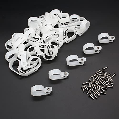 Coufce 50Pcs 1 Inch R-Type Cable Clip, P-Style Mounting Clips, Nylon Cable Clip Wire Clamp, Rope Light Screw Mounting Fastener Clips with Pan Head Phillips Screws for Cable Management(White)