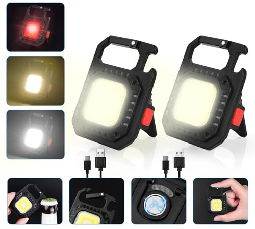 URAQT Mini LED COB Flashlight, 1000 Lumens 500mAh 7 Light Modes Tiny Handheld Keychain Torch, Multifunctional Emergency Keyring Flashlight Rechargeable Work Lights with Folding Bracket Bottle Opener