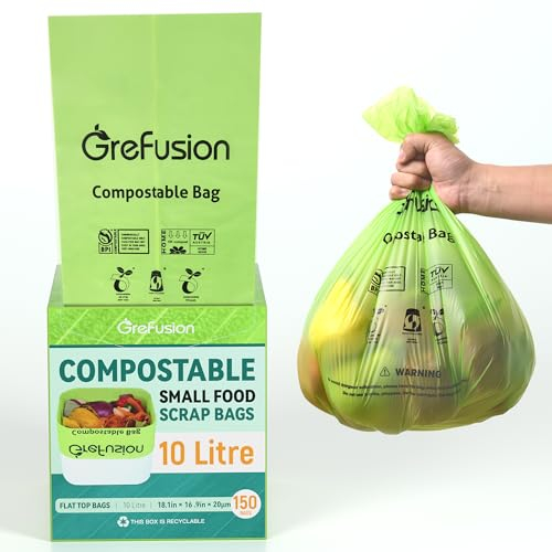 GreFusion Sacchetti per rifiuti alimentari compostabili, extra spessi, 10 l, 150 sacchetti, con certificato EN13432