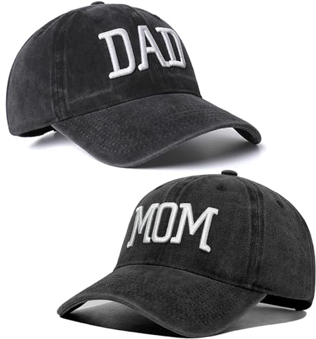Lot de 2 Casquettes de Baseball brodées réglables pour Maman et Papa, Cadeau Classique pour Les Parents, Les Couples, Cadeau Classique pour Maman Papa, Chapeau Noir et Chapeau Noir, 6 5/8-7
