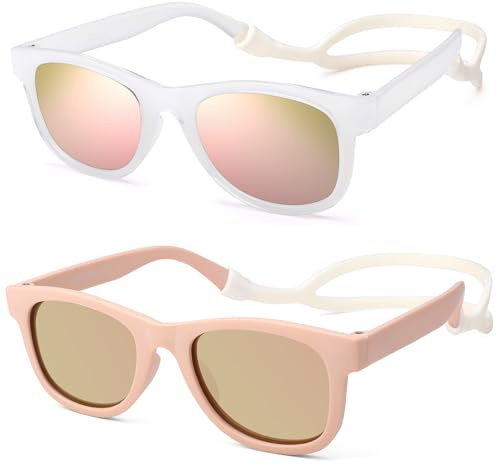 Hycredi Flexible Bendable Baby Polarized Sunglasses with Strap for Newborn Infant Boys Girls Age 0-18 Months- Jelly White/Pink Mirror+Light Pink/Pink Mirror