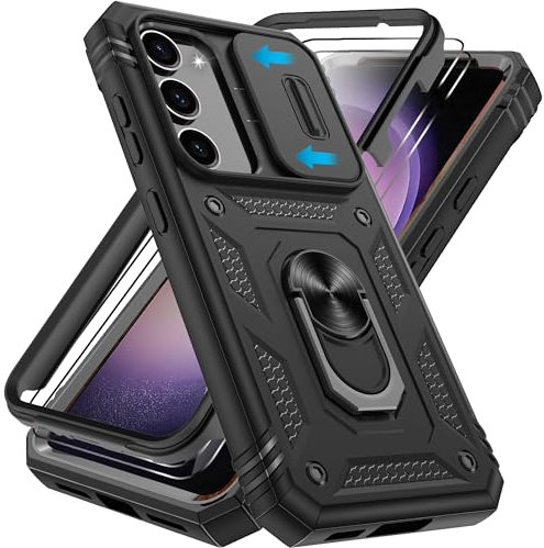 Pilaru 3 in 1 for Samsung S23 Case |With Front Frame| [2 Separate Screen Protectors] & Kickstand Ring & Camera Cover Military Grade Drop Shockproof Protection for Samsung Galaxy S23,Black