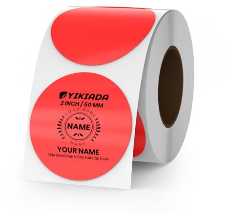 YIKIADA Etiquetas térmicas rojas de vinilo de 50 mm, autoadhesivas, para impresora, para logotipo, código de barras QR, inventario, 500 unidades