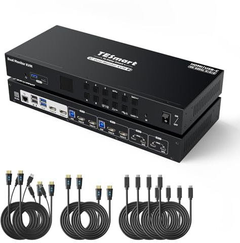 TESmart KVM Switch HDMI 4 PC 2 Monitores (4x2): 4K@60Hz, USB-C con PD, MST, Hub USB 3.0, LAN Gigabit. Control Audio/U S B Lock, Auto Scan. Pantalla LCD.