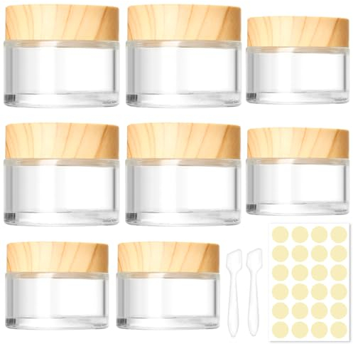 Volhuluk Boîtes 8 Pcs Pots Cosmétique Vide en Verre, 30ML 50ML Contenant Échantillon Voyage, Conteneurs Cosmétiques Pot Échantillon avec Spatule & Autocollants, Pot de Voyage pour Lotion Crème
