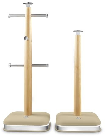 Swan Nordic SWKA18525OAT Towel Pole and 6 Cup Mug Tree Set with Soft Touch Finish, Stainless Steel Accents and Non-Slip Acacia Wood Bases, Oatmeal