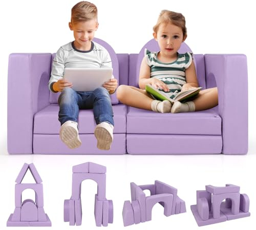 GOPLUS 8-delad leksoffa för barn, modulär barnsoffa med mockatyg, skum med hög densitet, barnsoffa för lekrummet, för pojkar och flickor från 3 år (lila)
