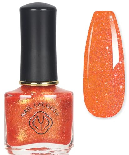 Orange Pearl Holographic Nail Polish - Mermaid Pearlescent Shell Glitter Varnish, Quick Dry Shine & Reflective Art Gifts for Women