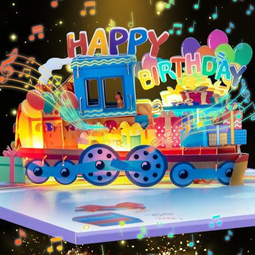 CNLITIHEKA Carte d'anniversaire train musical 3D, carte joyeux anniversaire voiture lumière et musique, carte de vœux d'anniversaire pop-up amusante pour garçons et filles, avec arc-en-ciel ciel bleu
