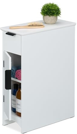 Relaxdays Estantería Auxiliar Estrecha, Cajón y Puerta, 2 Estantes, 61,5 x 21 x 46 cm, para Baño y Cocina, MDF, Blanco