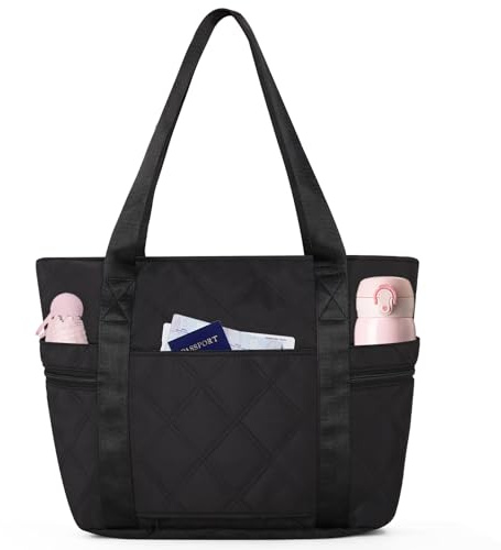 Outplea Small Tote Bag for Women, 15.6 Laptop Work Tote Bag with Compartments, Quilted Puffer Handbags with Zip for Travel School, Black