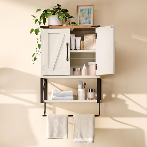 Bonnlo Badezimmerschrank Hängend, Hängeschrank Bad, Badezimmer Hängeschrank, Badschrank Hängend, Wandschrank mit höhenverstellbaren Regalen & offenes Ablagefach & Handtuchhalter, 39x18x58cm, Weiß