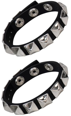 SCOPLATY Genuine Leather Bracelet Cuff with Spikes studded Rivets - Adjustable Metal Wristband for Men Women, 80s Goth Rock Accessories (silver, 1pc double row)