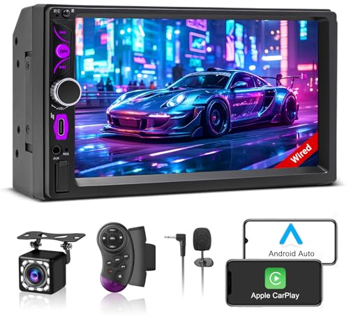 KMUTZY Autoradio 2 DIN CarPlay Voiture avec Apple Carplay & Android Auto, Double Din 7 Pouces HD Écran Tactile, FM Radio/Type C/Charge Rapide/Microphone/Caméra de recul/AUX/SWC