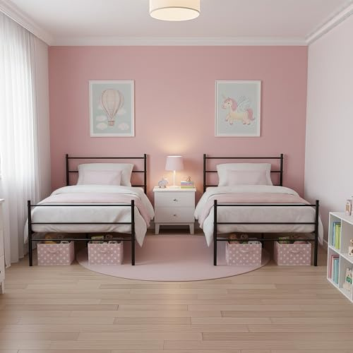 ZZINOKE Ensemble de 2 lits en métal, 90x190 cm, lit simple, avec tête de lit et pied de lit, espace de rangement sous le lit, montage simple, noir