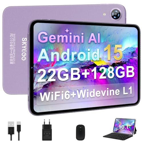 Tablet 10 Pulgadas Android 15 con Gemini AI, con Teclado y Ratón, 22GB RAM + 128GB ROM (Ampliable 2TB), WiFi 6, Widevine L1, 6000mAh, Cuerpo Metálico, para Estudio, Trabajo y Entretenimiento – Púrpura