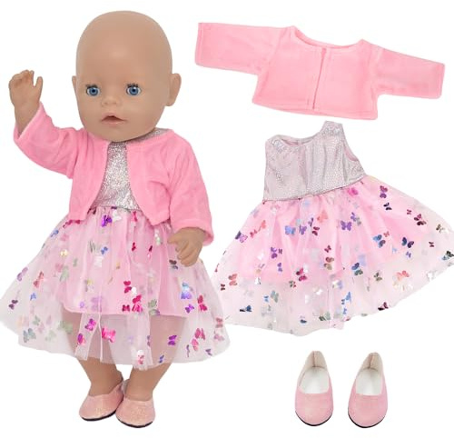 Rosa Puppenkleidung 43cm 36cm 38cm, Puppenkleider Kleidung Outfits für 14-18 Zoll Baby Puppen, Puppezubehör mit Rosa Mantel Ballettrock Pailletten Schuhe, 43cm Bekleidung Geschenk Kinder