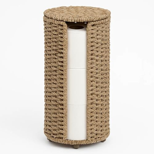 Handwoven Rattan Toilet Roll Holder Basket with Lid, Natural Seagrass Toilet Paper Storage Organiser for Bathroom or Washroom, Eco-Friendly Freestanding Design