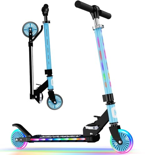 KIDSCOTER Trottinette à 2 roues pour enfants de 3 à 12 ans, roues lumineuses et tige à DEL, hauteur réglable et pliable, trottinette de sport légère pour filles et garçons avec béquille