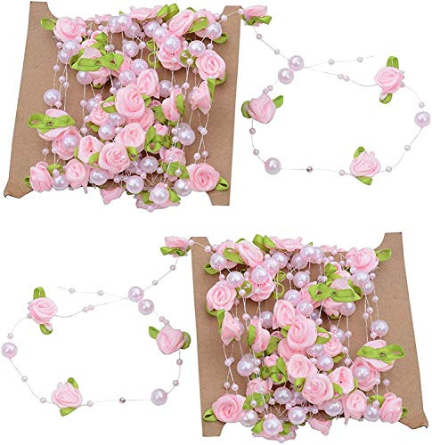 YYaaloa Pink Rose Pearl Leaf String Beads Garland 32 Feet (10m) for Wedding Party Home Crafts Decoration DIY Accessory Gift Wrapping (Pink 32feet)