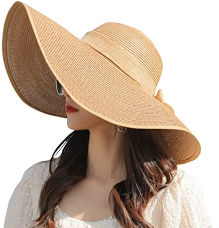 Bamboopack Chapeau de paille pliable à large bord pour femme avec nœud UPF 50+ (kaki)