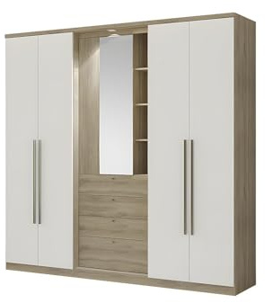 Vente-unique - Armoire ISAK II - 4 Portes - Miroir et tiroirs - L240 cm - Chêne et Ivoire