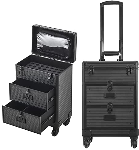 BTGGG Kosmetikkoffer Trolley mit Schublade Professionell Make Up Koffer Friseurkoffer mit Rollen Abschließbar Schminkkoffer Damen Nägel Koffer für Reise Friseure Visagisten Nageltechniker Schwarz