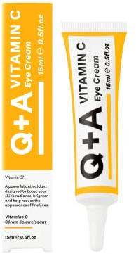 Q+A Vitamin C Eye Cream, a blend of Vitamin C, Cherry Extract, and Glycogen, to reinvigorate delicate skin, delivering an essential hit of moisture and antioxidants, 15ml