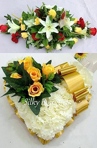 Silky Bouquets Artificial Silk Funeral Flower Package Heart Spray Mum Dad Son Baby Childrens (Royal Blue)