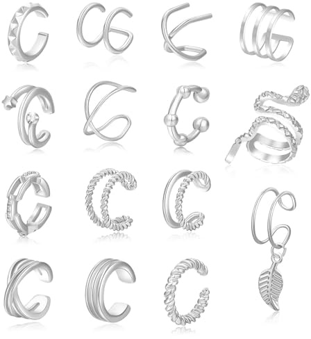 JZTRADING 20Pcs Ear Cuffs For Women Sterling Silver Clip On Heart Chain Earrings No Piercing Cartilage Fake Earrings Gifts For Women Girls (silver)