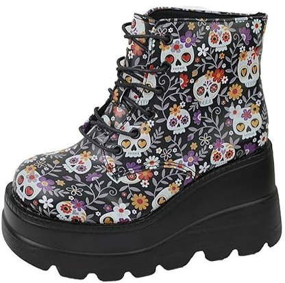 Ulalaza kvinnor Mary Jane klänning pumps Lolita-skor söt plattform gotisk dubbel ankelrem rund tå tjock klack uniform pumps skor perfekta för skolfest affärer arbete dans dejt nattklubb, Skalle-svart,
