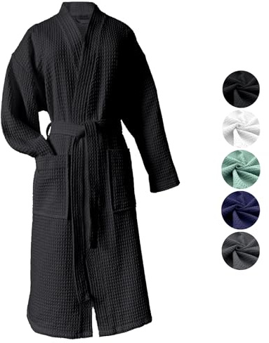 heimtexland ® Peignoir de bain en piqué gaufré - 100 % coton - Certifié Oeko-Tex - Séchage rapide - Doux pour la peau - Pour homme et femme - Type 881, Noir , XL