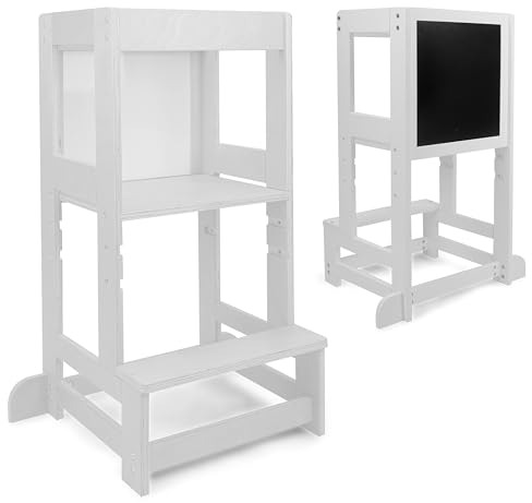 509 TORRO 2N1 Lernturm, Küchenhelfer für Kinder, Tritthocker, Montessori, mit zweiseitiger schwarzer Kreidetafel, weißer, trocken abwischbarer Tafel, Farbe Weiß