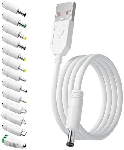 Universal USB to DC 5V Kabel auf Netzkabel 1.5M, 5.5x2.1mm Steckerbuchse Aufladekabel, Multi Stecker USB Kabel auf DC Hohlstecker Adapterkabel 5,5 x 2,1mm zu 13 Steckers für Elektronische Geräte, Weiß