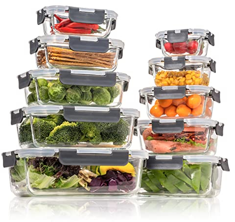 Glass Food Storage Containers with Lids, Meal Prep Containers, Airtight Lunch Containers Bento Boxes with Snap Locking Lids, for Microwave, Oven, Freezer and Dishwasher