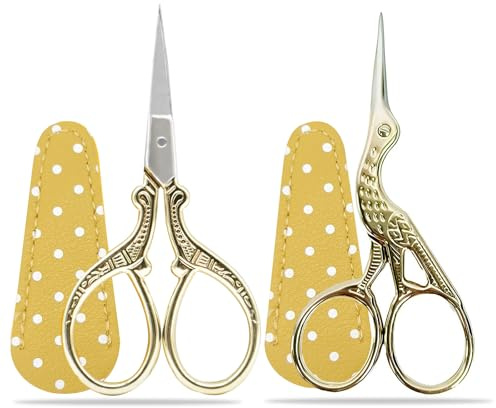 Tijeras bordadas pequeñas, tijeras artesanales de acero inoxidable 2pcs, para poda manual de agujas e hilos de costura, con fundas de tijeras de cuero falso (Oro)